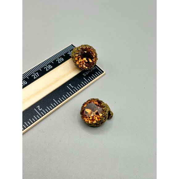 Vintage Austrian Amber Rhinestone Clip On Earrings Brass Setting Made in Austria - Picture 6 of 6